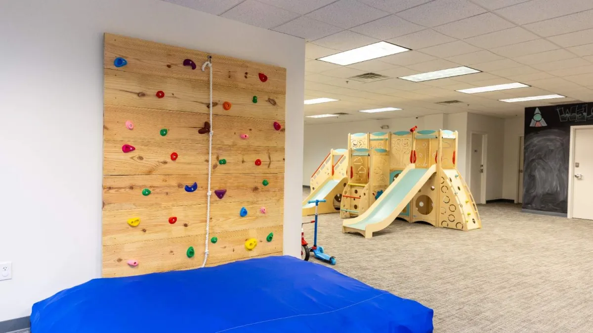 Indoor kids play area with wooden climbing wall, blue mat, and multi-slide play structure on carpeted floor