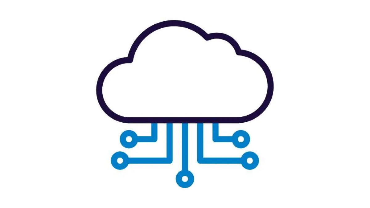 Minimalist cloud icon with blue circuit lines representing cloud computing and technology connection.
