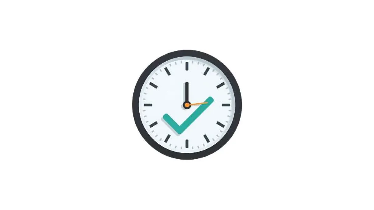 Clock showing 12:00 with a teal checkmark symbol inside, representing time approval or completion.