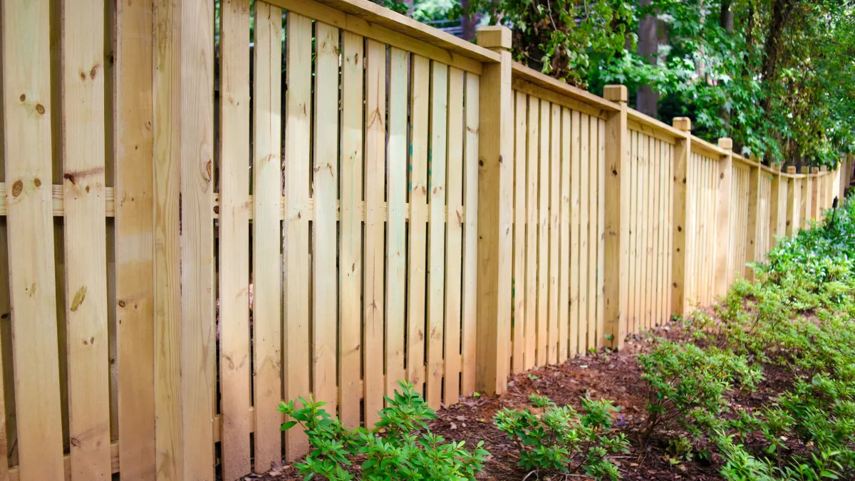 Long wooden fence with vertical planks surrounding a garden with green shrubs and trees in the background