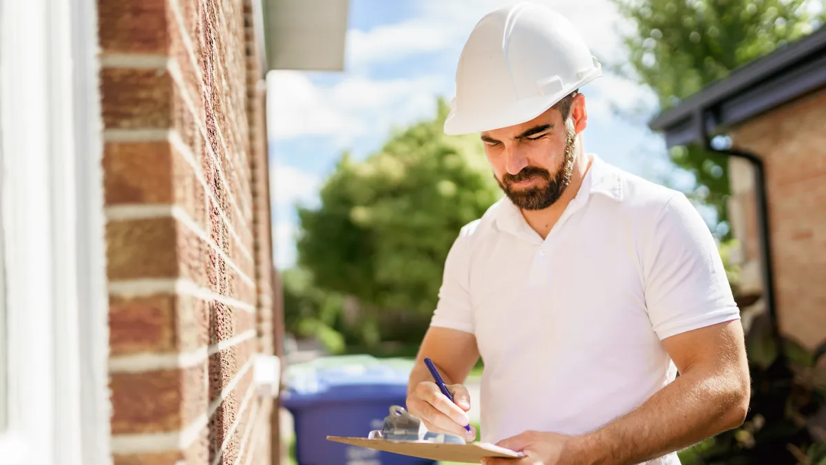 a man wearing a hard hat and holding a pen