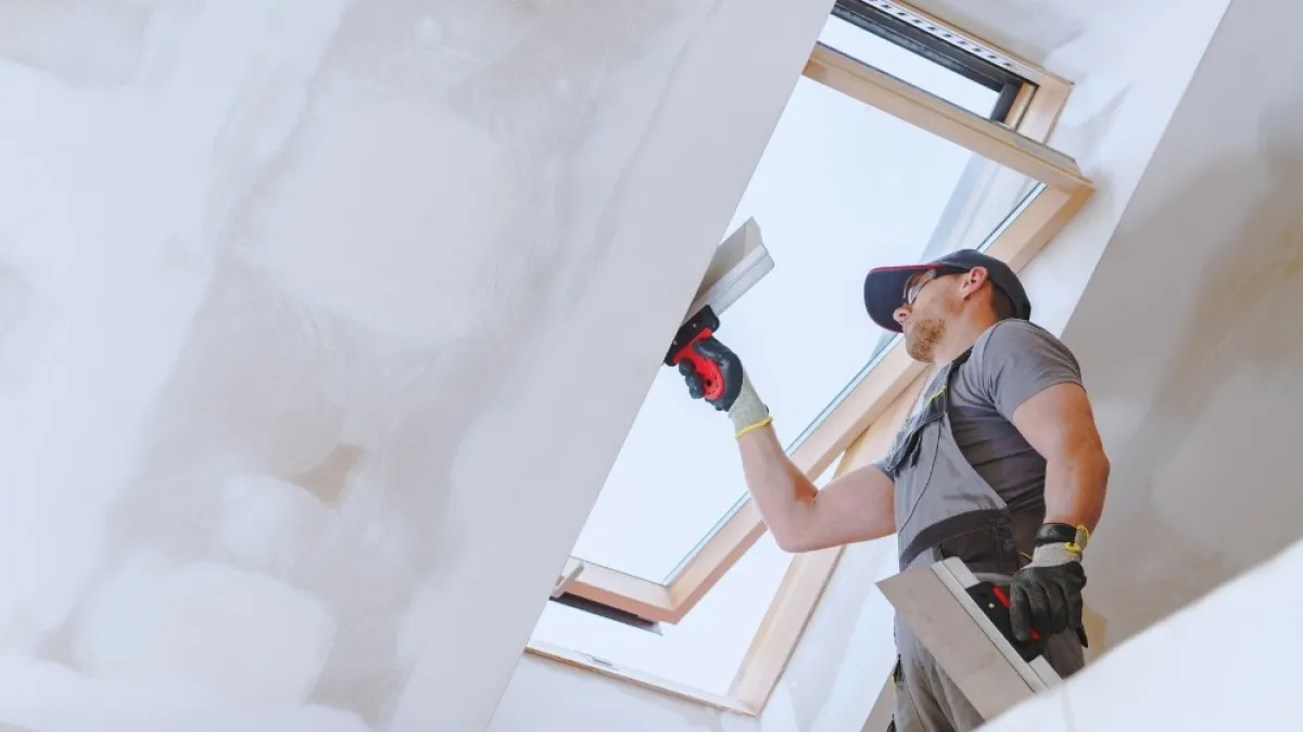 Construction worker installing or finishing drywall near a skylight window on a ceiling indoors.