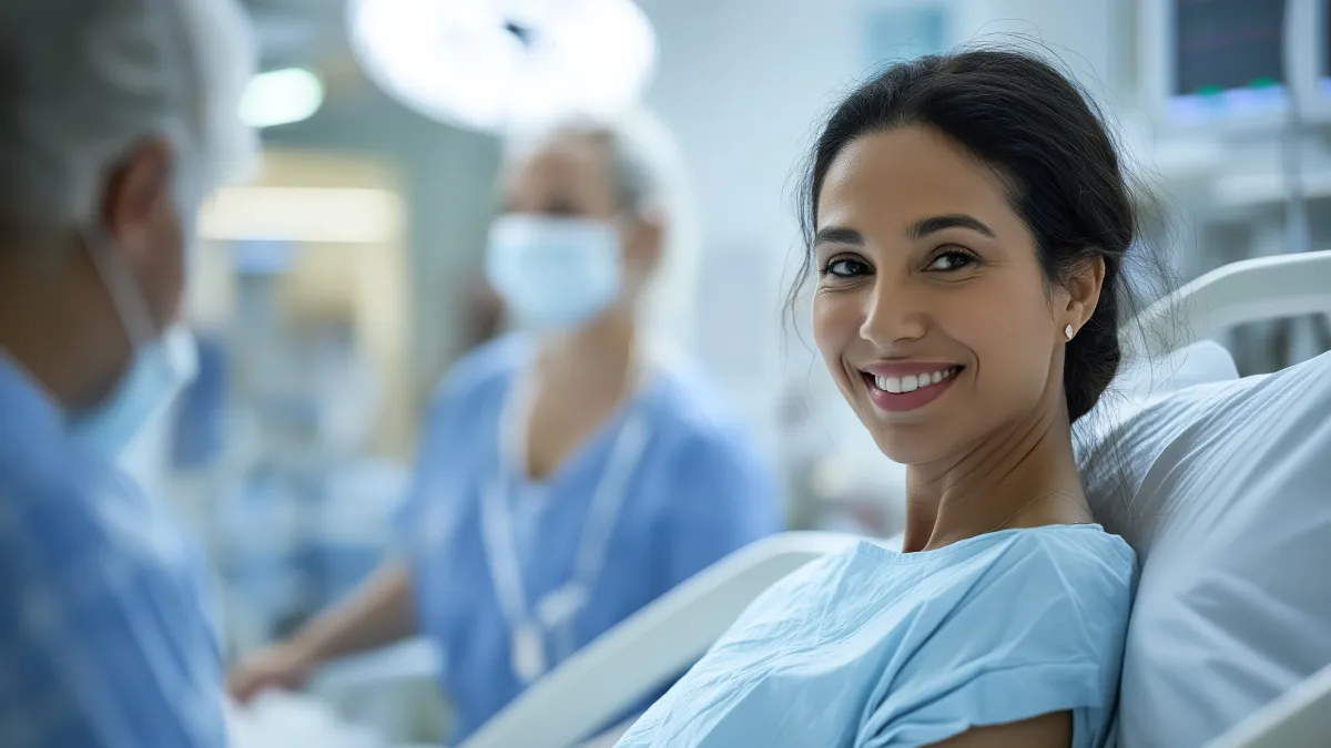 a woman in a hospital bed