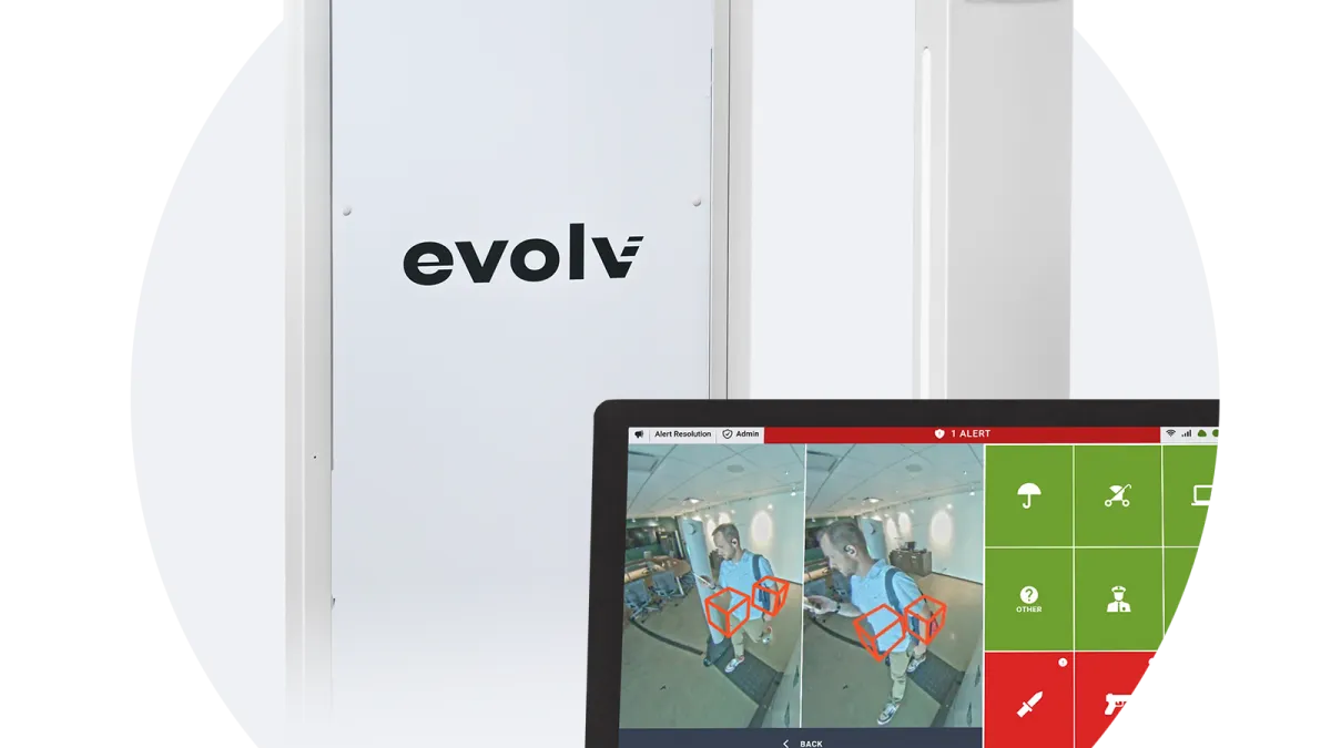 Evolv security screening system with monitor displaying images and user interface.