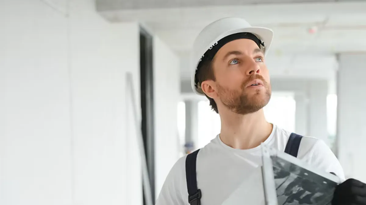 Construction worker in white helmet and gloves carrying a metal duct in an unfinished building interior.
