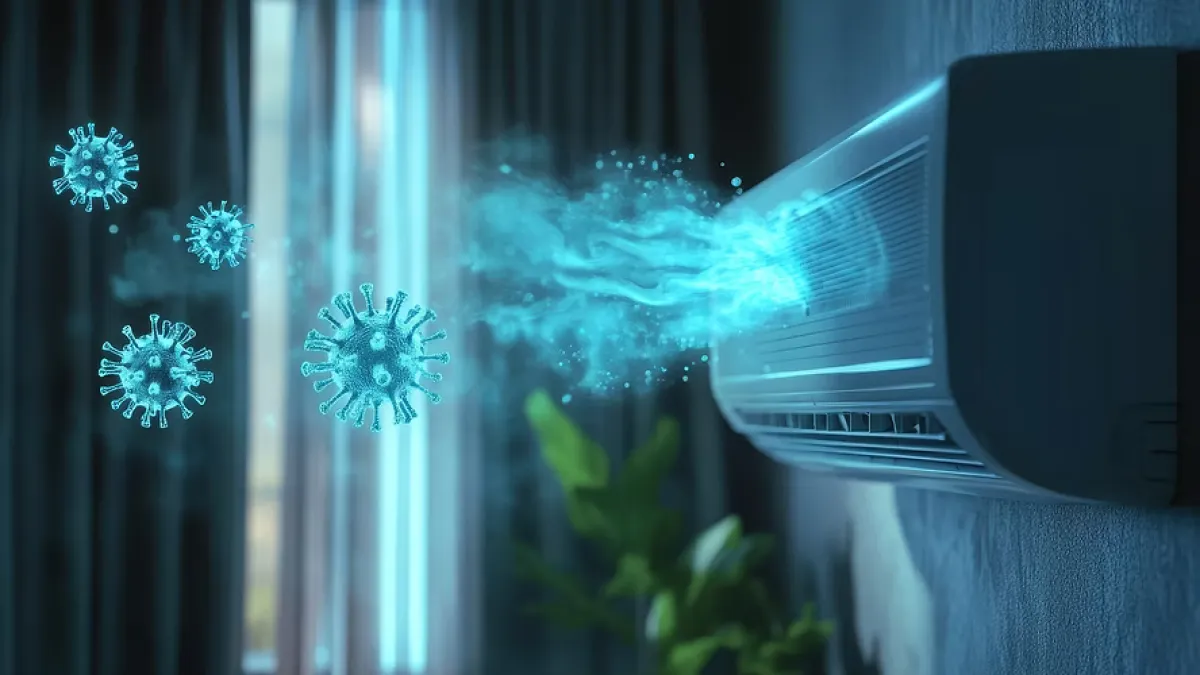 Air conditioner emitting airflow represented by blue particles and virus icons indoors near window and plants
