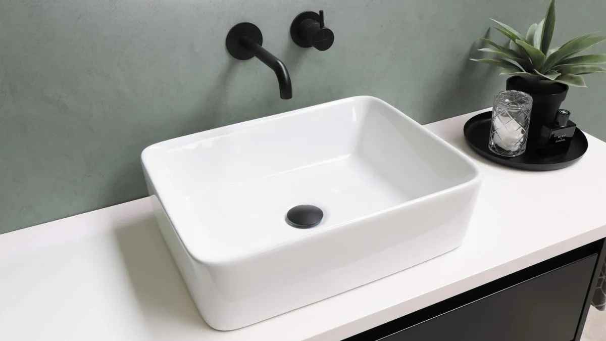Modern bathroom with a white rectangular vessel sink, black matte faucet, and decorative plant on the countertop