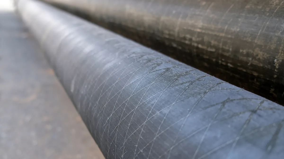 Close-up of large industrial pipes with textured surfaces arranged parallel on the ground outdoors.