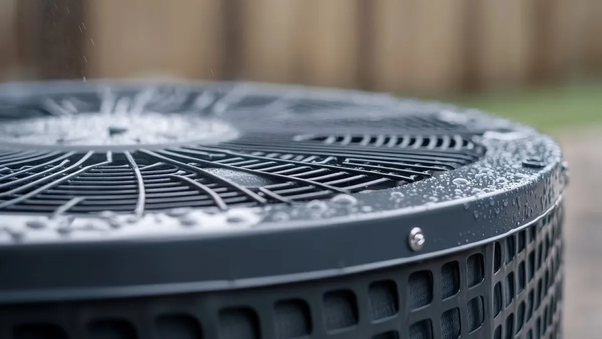 Close-up of an outdoor air conditioning unit with water droplets on the top grille after rain.