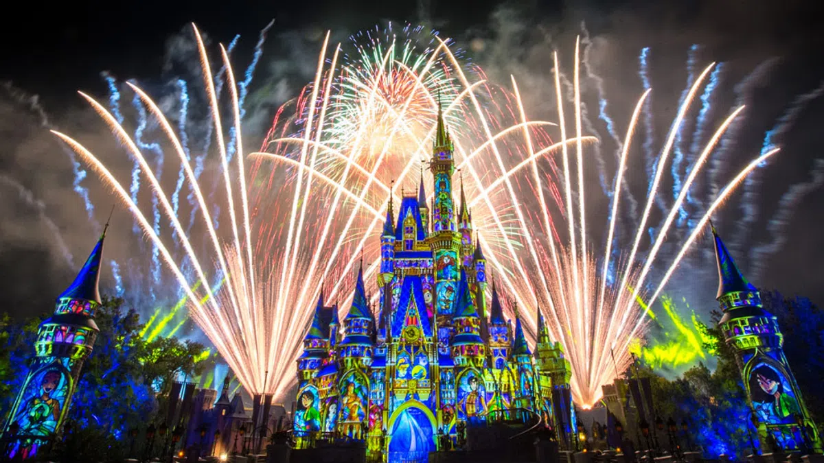 Colorful fireworks explode behind a vibrantly lit Disney castle at night during a magical show.