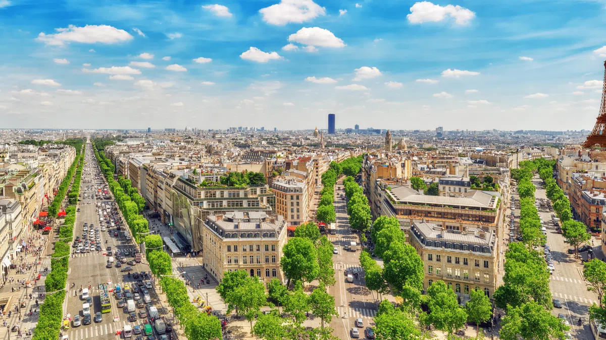 Panoramic view of Paris with the Eiffel Tower, tree-lined avenues, and historic buildings under a blue sky.