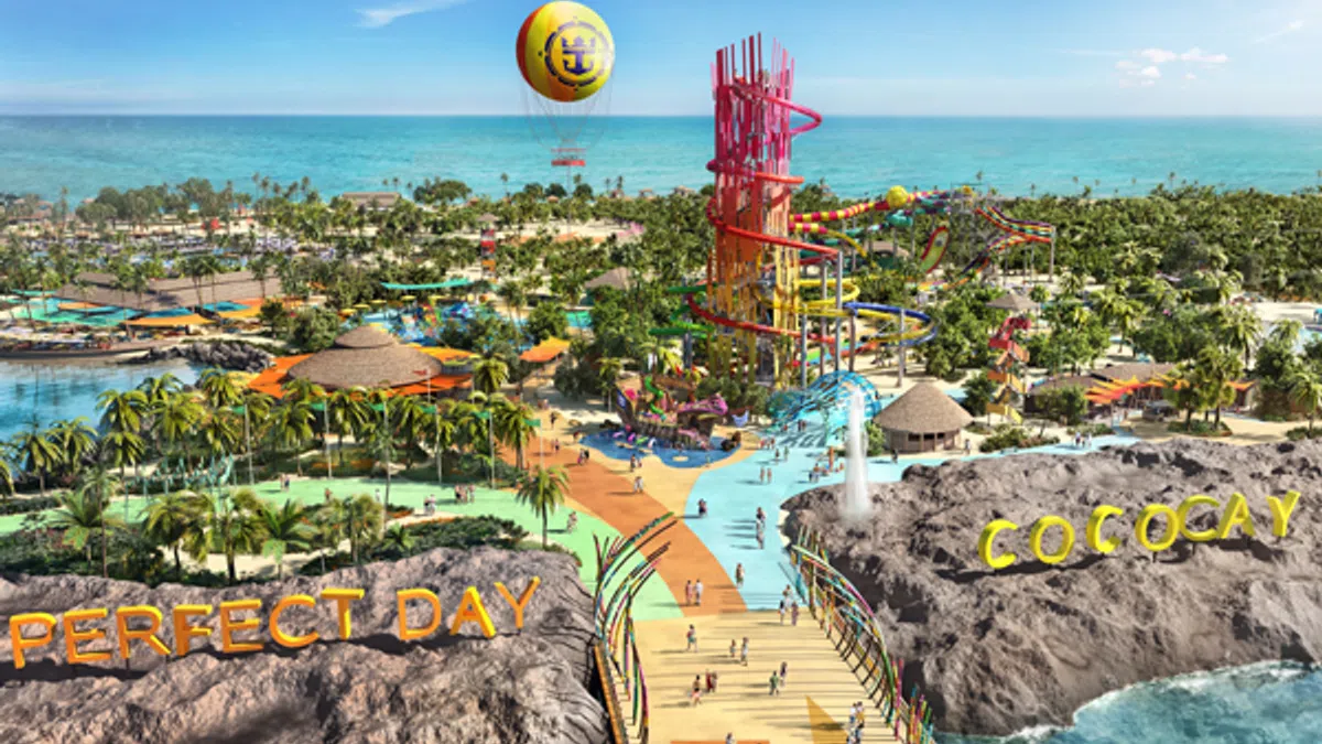 A vibrant tropical island resort with water slides, a balloon ride, palm trees, and signs reading Perfect Day and CocoCay.