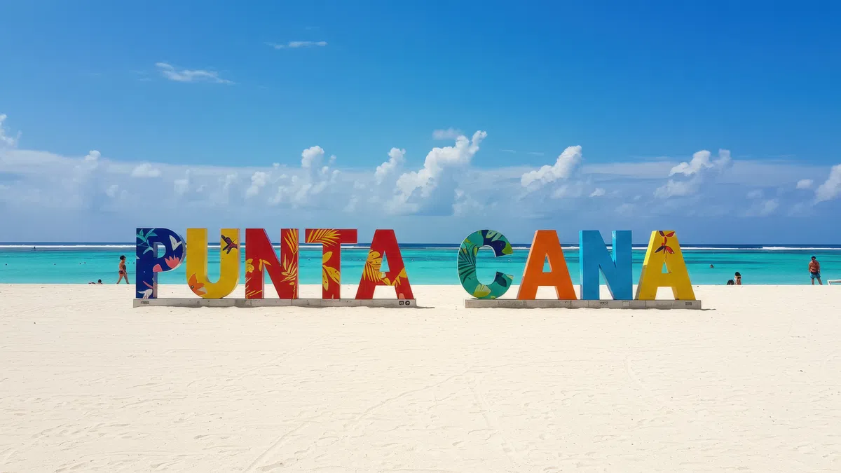 Colorful Punta Cana sign on white sandy beach with turquoise ocean and blue sky in background