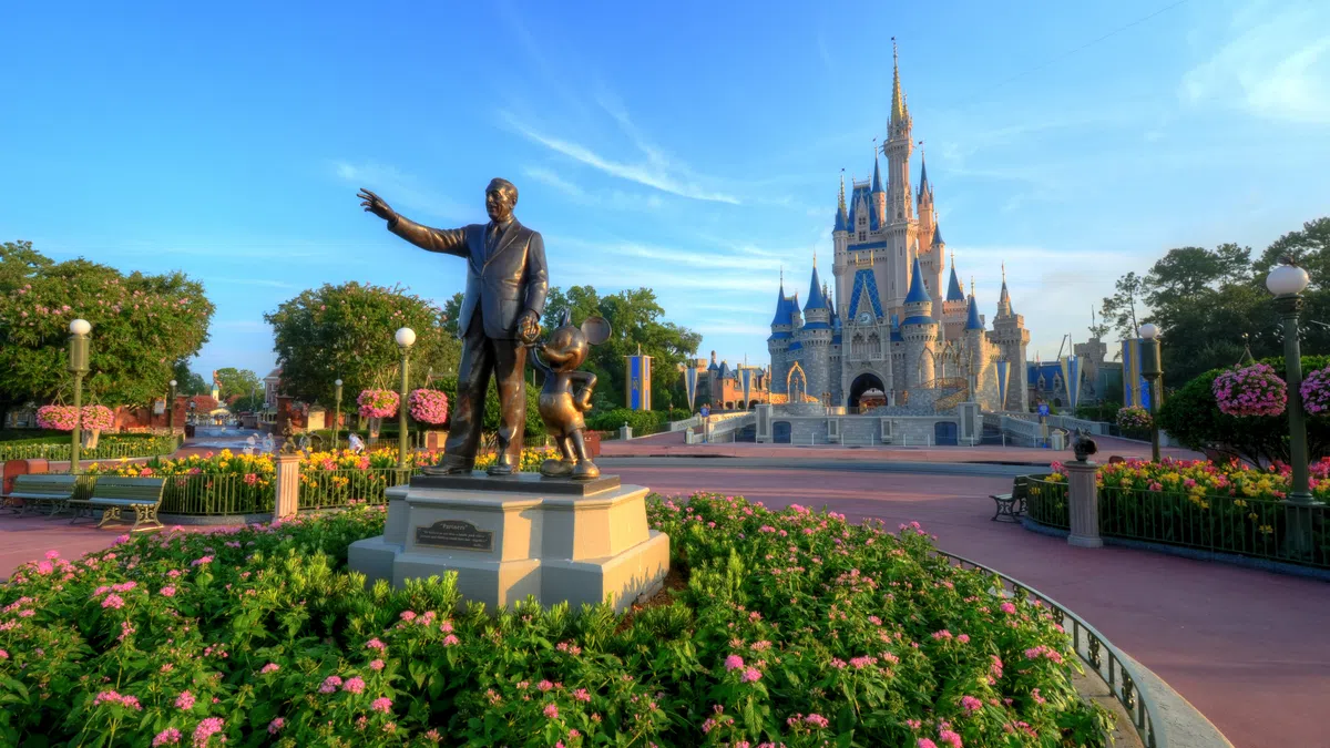 Statue of Walt Disney and Mickey Mouse with Cinderella Castle and garden in the background under blue sky