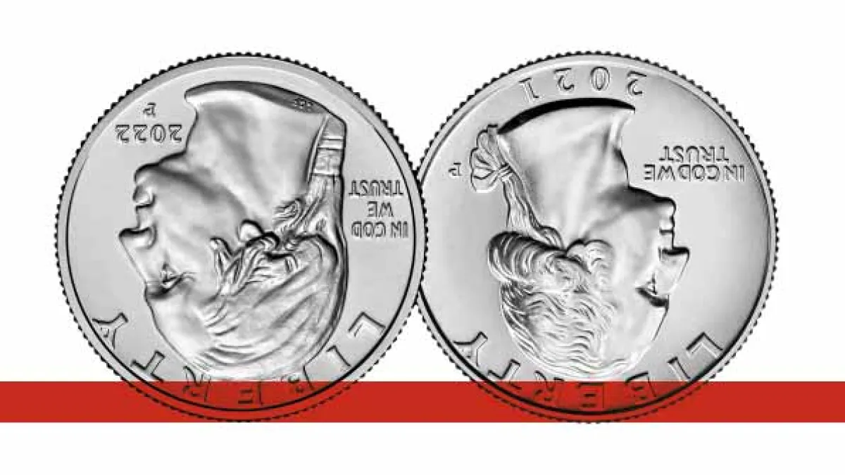Two U.S. Roosevelt dimes from 2021 and 2022 shown upside down with a red stripe below.
