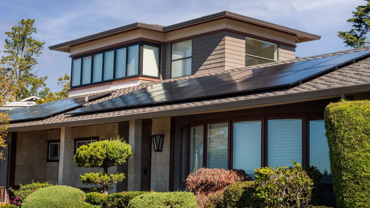Modern house with solar panels on the roof surrounded by green shrubs and trees under a clear sky