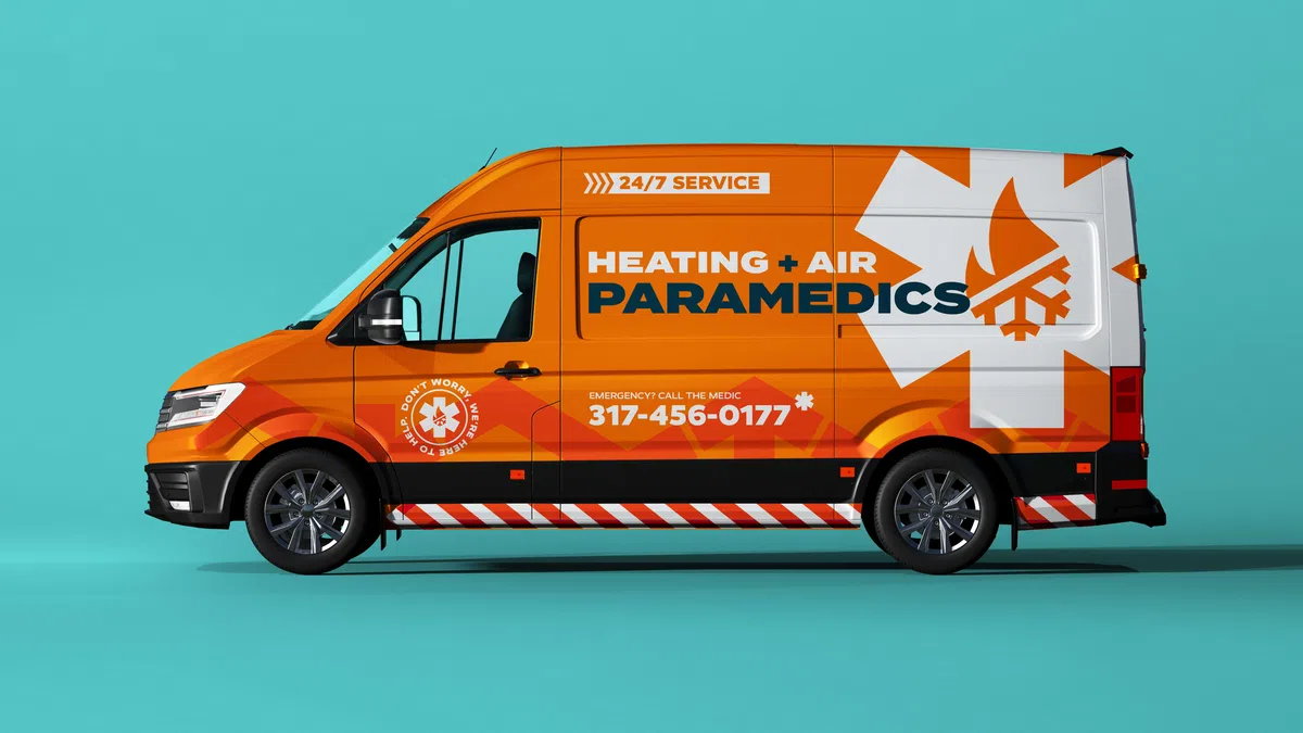 Orange van with Heating + Air Paramedics branding and emergency contact number on a teal background