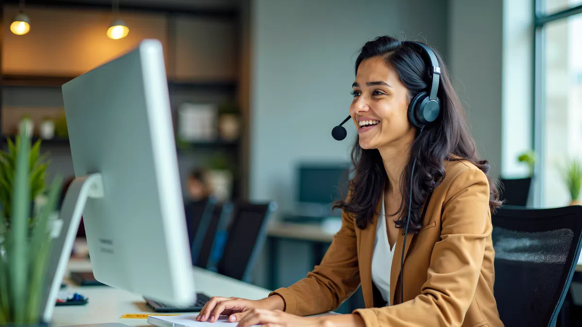 a woman wearing headphones and sitting at a desk with a computer