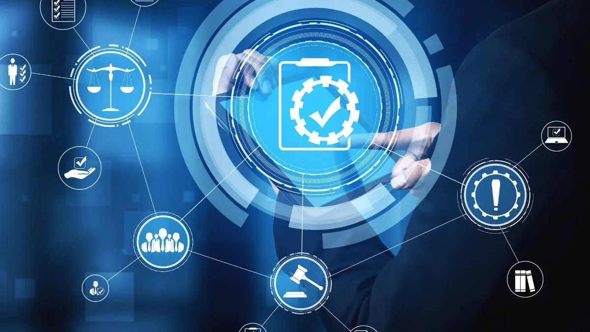 Businessman interacting with digital icons representing compliance, law, and document verification on blue interface.