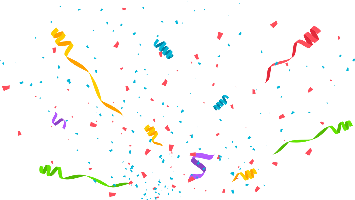 Colorful festive confetti and streamers in red, green, blue, yellow, and purple scattered on black background.