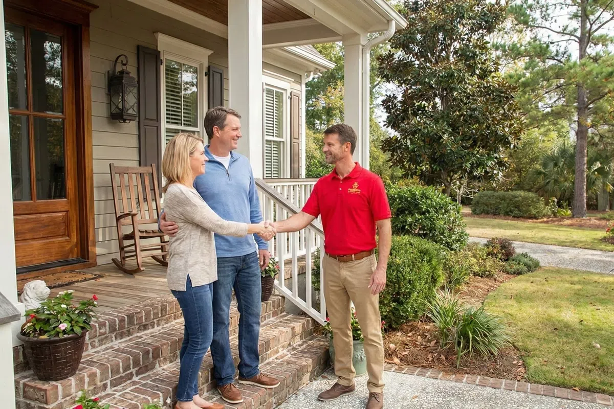 Homeowner couple shaking hands with a smiling contractor outside a suburban house in Greenville