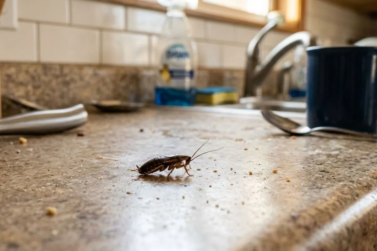 Cockroach crawling on a dirty kitchen countertop with crumbs and dishes in the background.