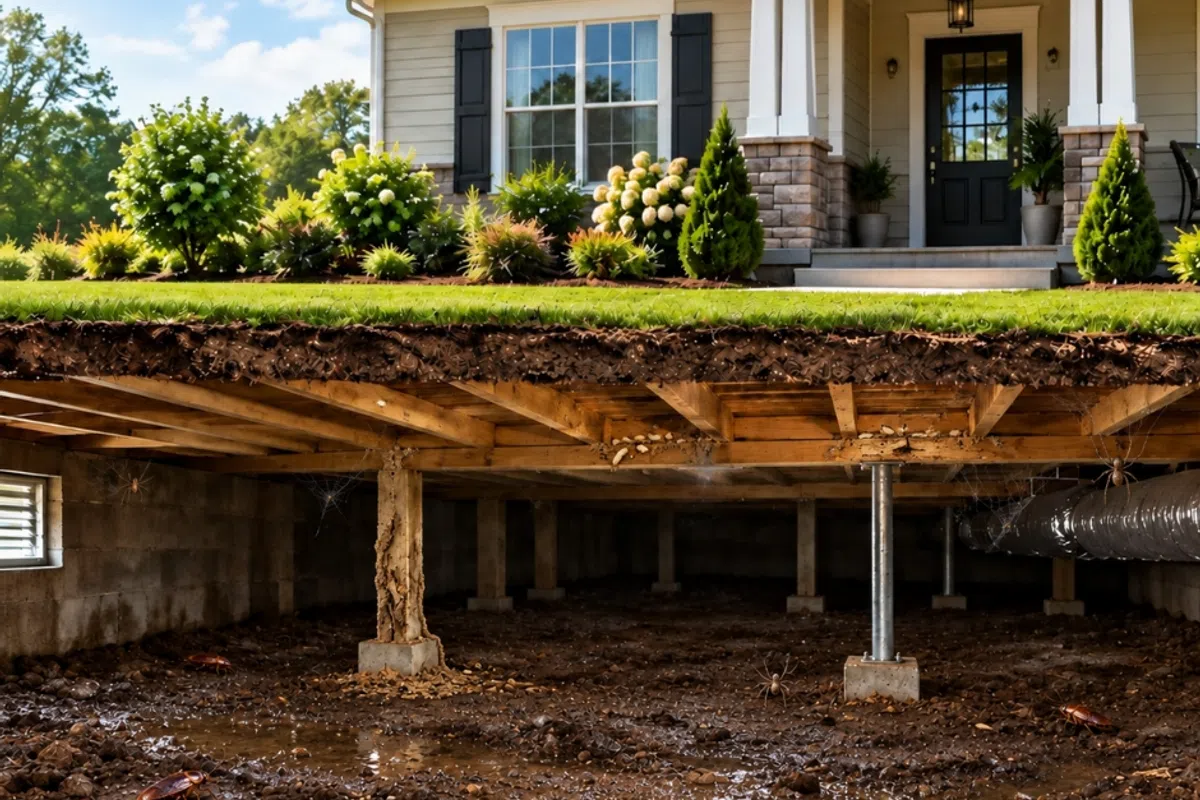 Cross-section view of a house showing a crawl space with soil, moisture, and moisture loving pests