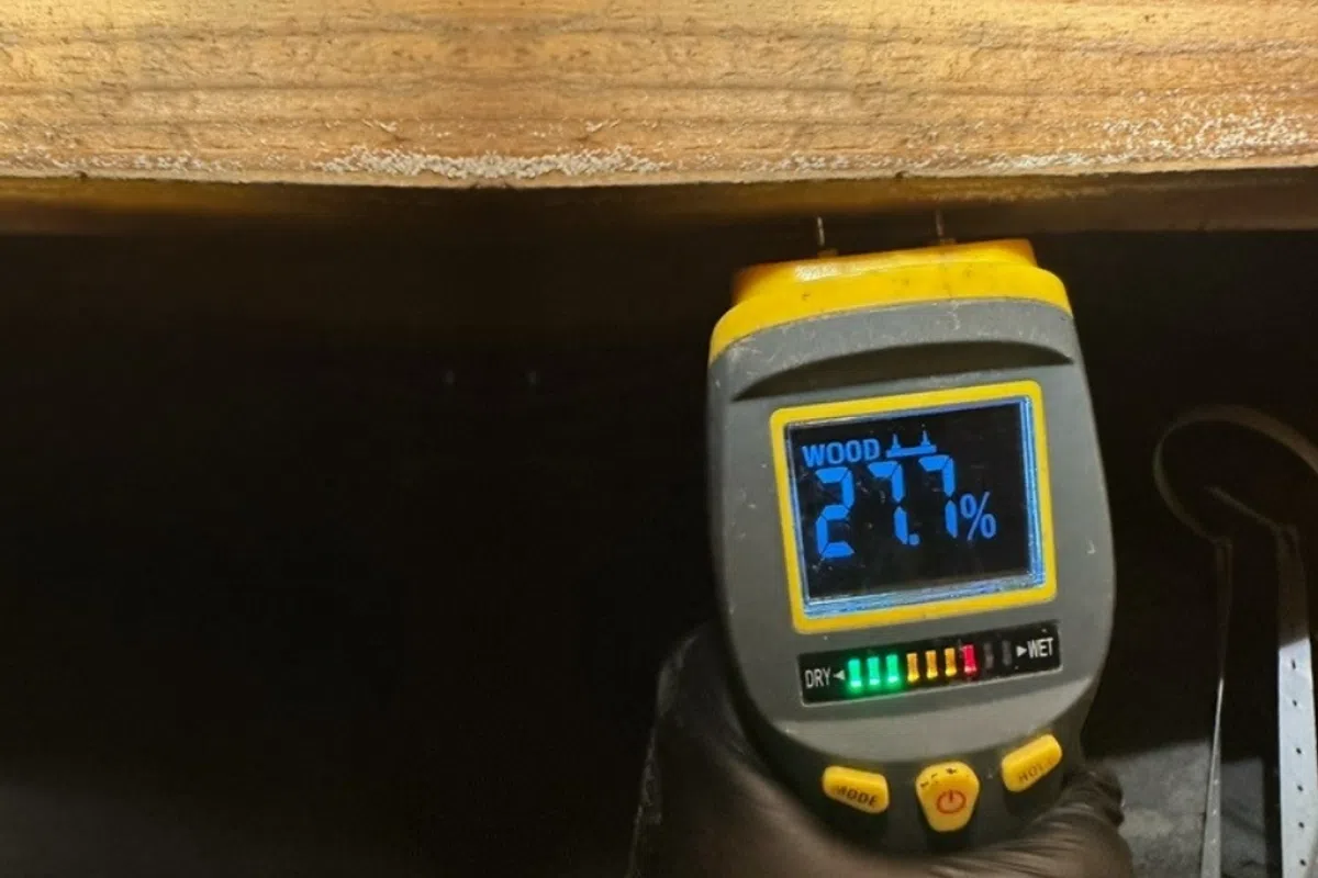 Moisture meter reading 27.7% on wood with glove hand holding the device under wooden beam.