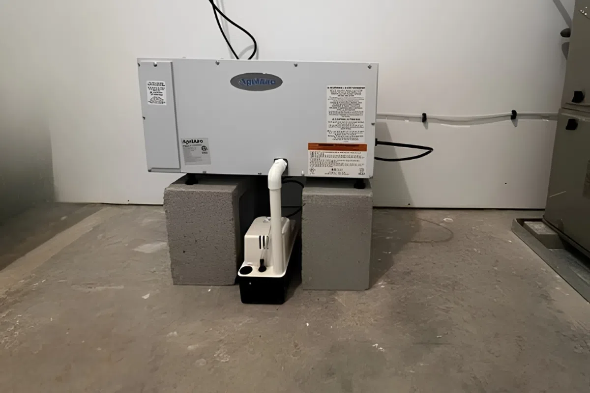 Basement dehumidifier unit elevated on cinder blocks with attached white drainage pump on concrete floor.