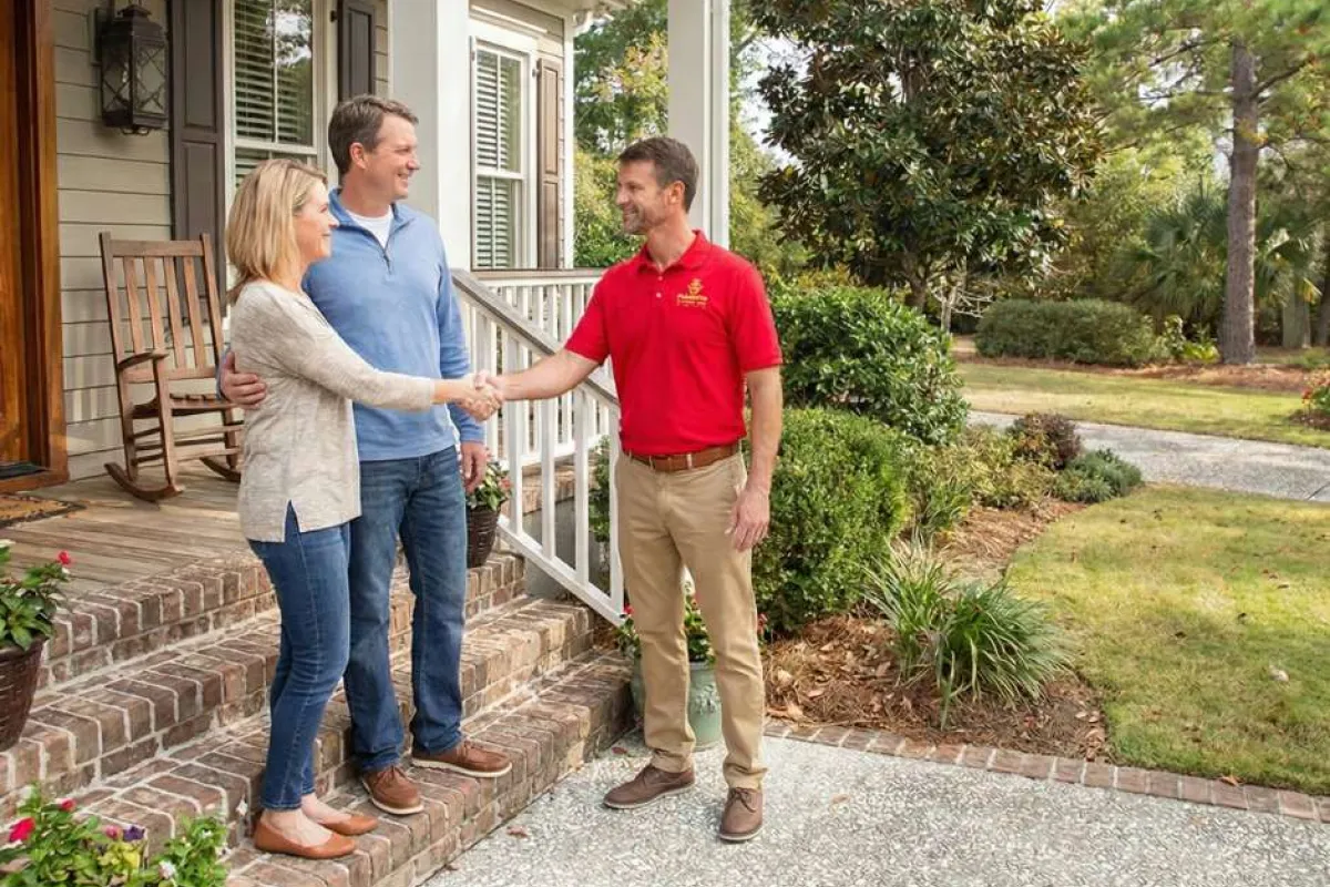 Man in red shirt shaking hands with couple on front porch of suburban home with greenery and brick steps