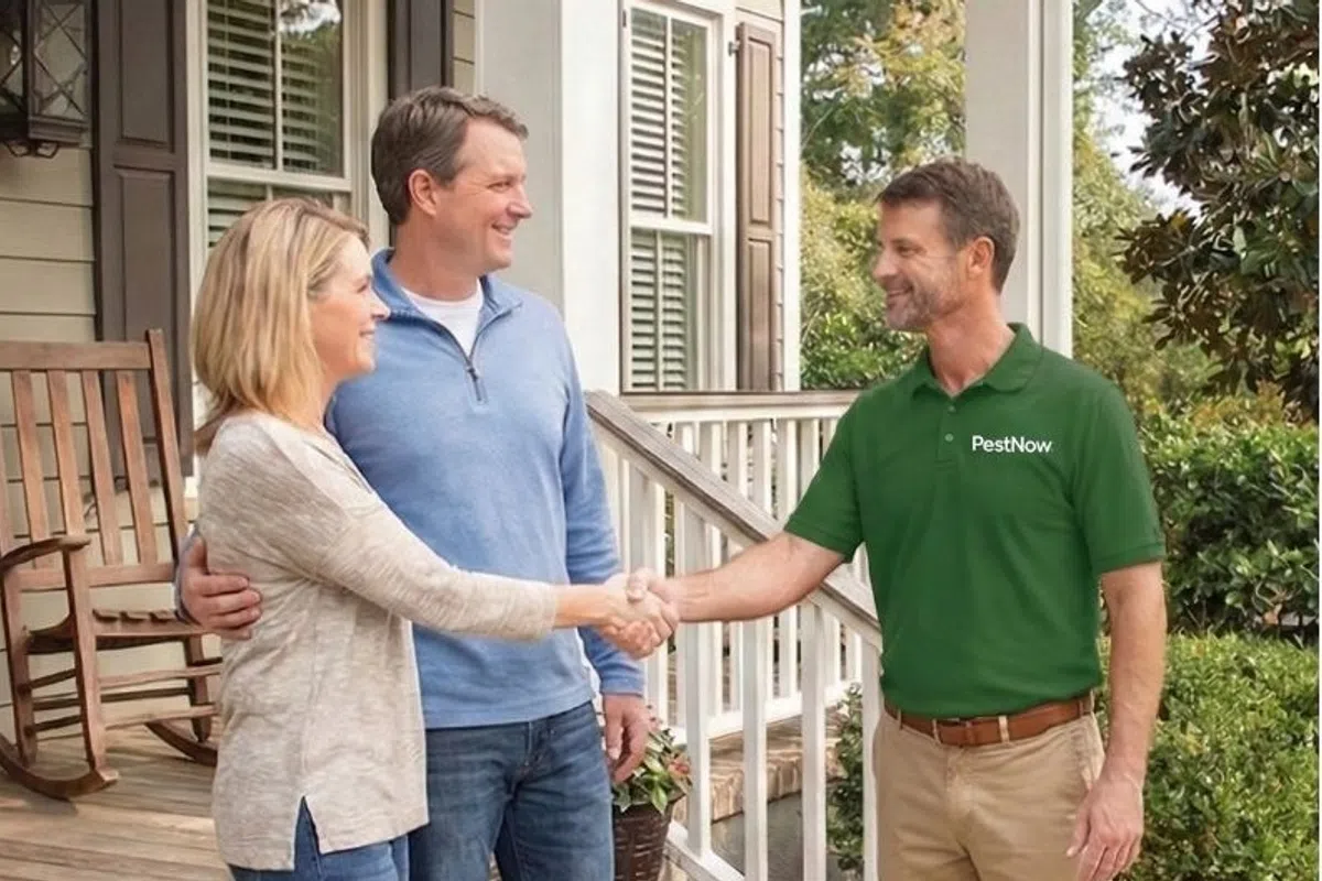 Pest control technician shaking hands with happy couple outside their home on front porch steps