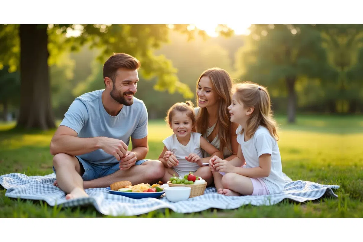 Happy family of four enjoying a picnic in the backyard of a Clermont, GA home