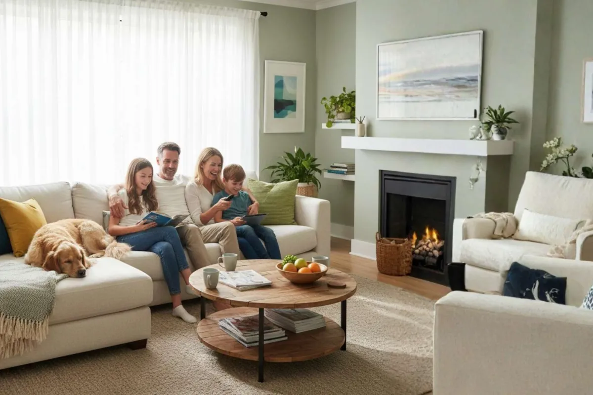 Family with two children and a dog relaxing in a cozy living room with a fireplace and natural light.