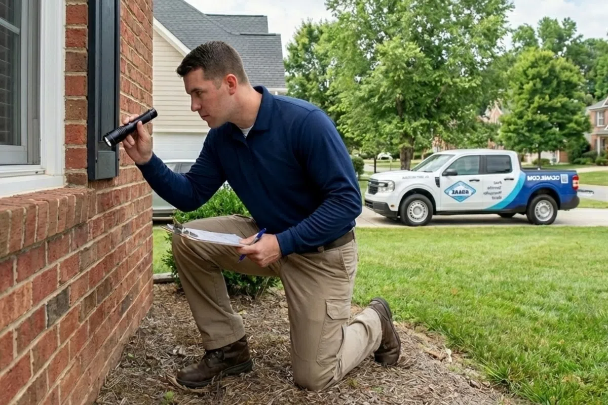 Technician inspecting an outdoor electrical outlet on a brick house with a flashlight, holding notes, blue service truck nearby.