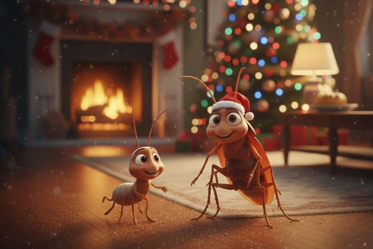 Two animated insects in a cozy room with Christmas tree, fireplace, and holiday decorations at night.