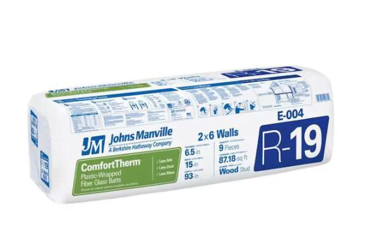 Johns Manville ComfortTherm R-19 fiberglass insulation for 2x6 walls reduces heat loss and saves energy.
