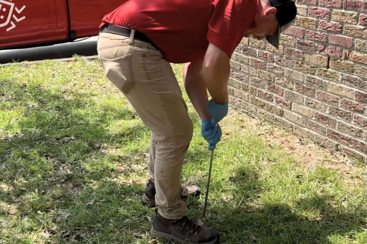Man wearing red shirt and blue gloves uses a rod to check or treat soil next to a brick wall by a red truck.