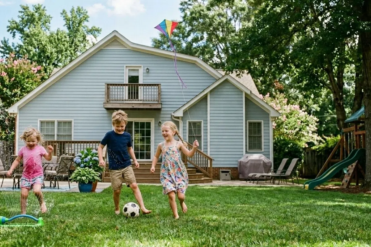 Three children playing in a grassy backyard, in Big canoe, GA, with a soccer ball, kite, and playset near a blue house under blue sky.