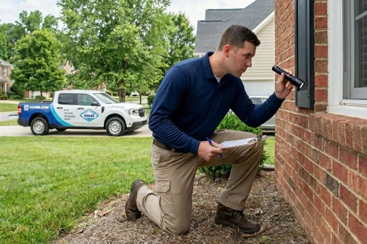 Home inspector kneeling with flashlight and clipboard examining exterior of brick house near window.