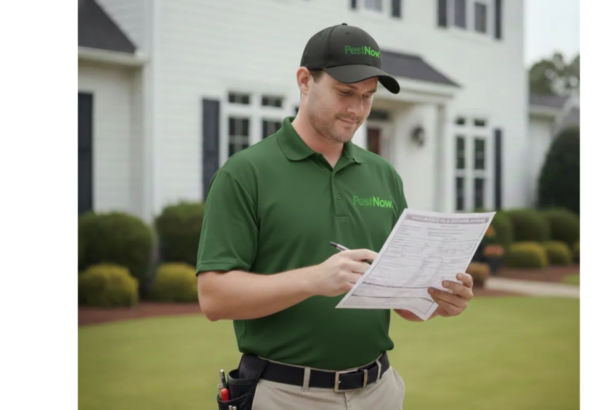Technician in green PestNow uniform holding clipboard and writing notes outside a suburban home.