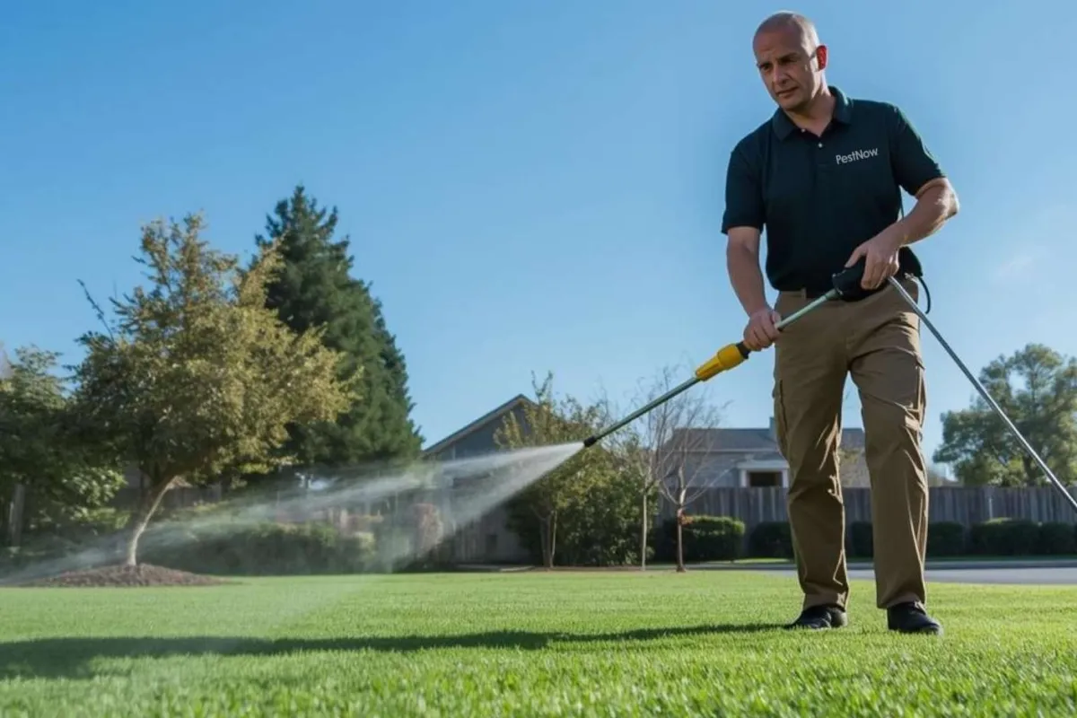Man in PestNow shirt spraying pesticide on green lawn in a suburban yard on a clear sunny day