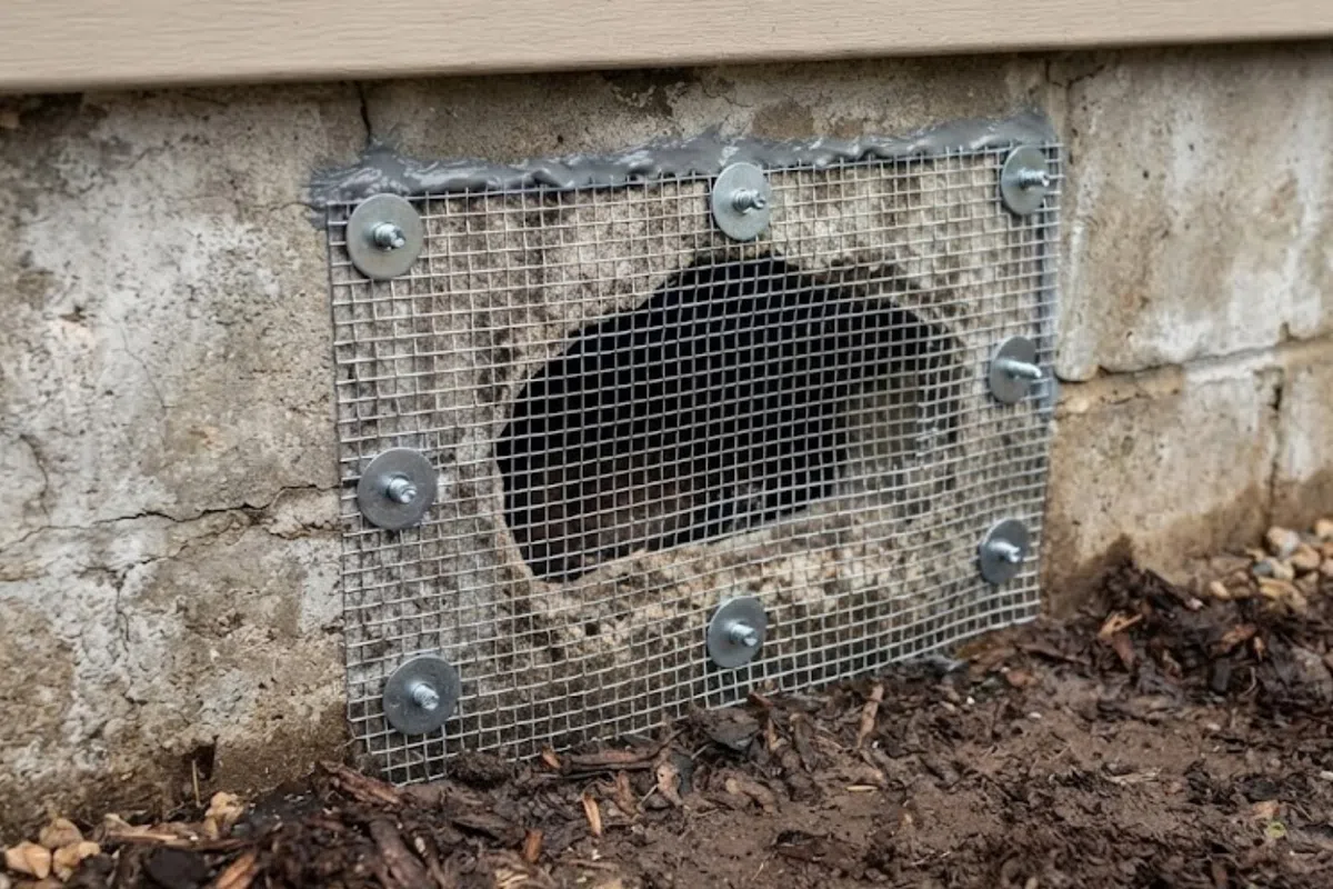 Metal mesh secured over a basement vent opening on a concrete foundation to prevent animal entry.