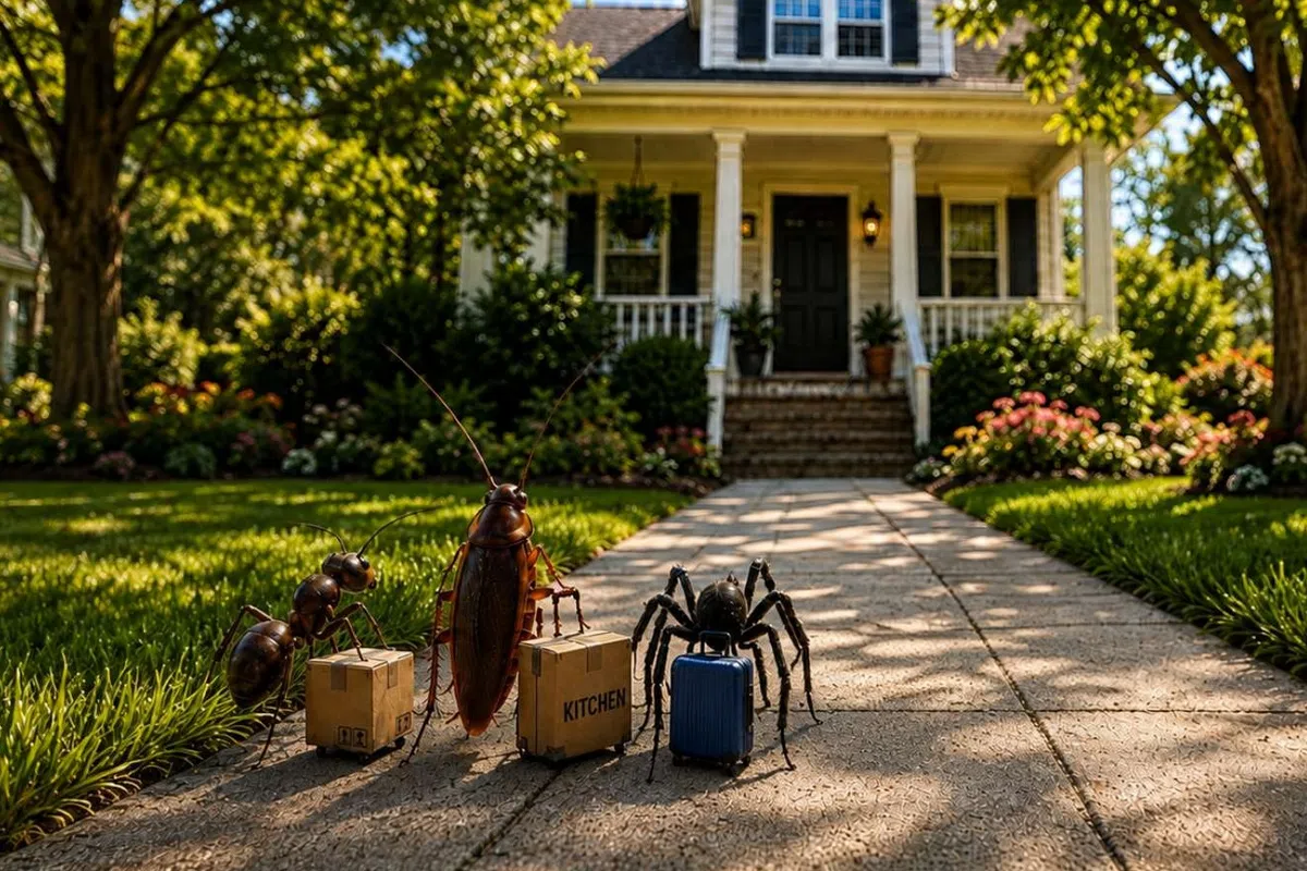 Ant, cockroach, and spider carrying suitcases walking on a driveway toward a suburban house in Summerville, SC