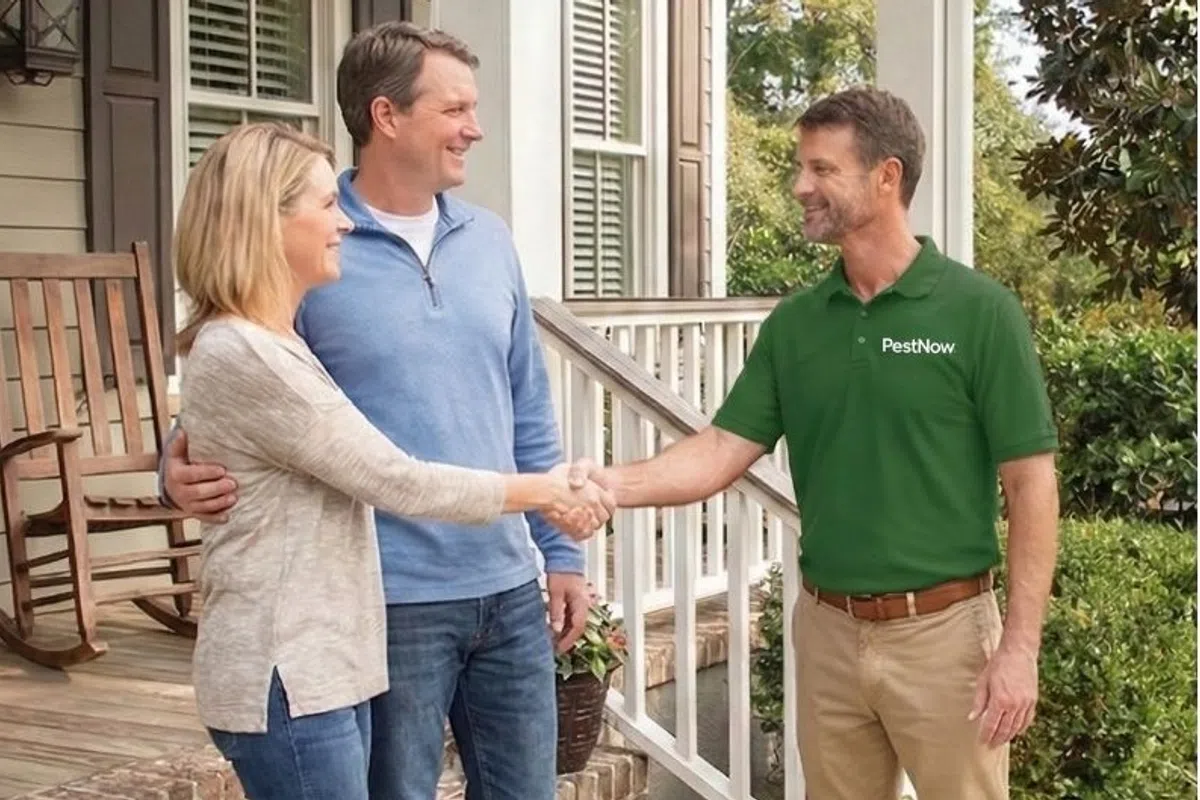 Pest control technician shaking hands with couple on front porch of suburban home during service visit.