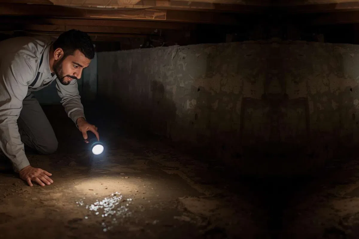 Man inspecting a dark crawl space with a flashlight, examining debris or damage on the ground under a house.