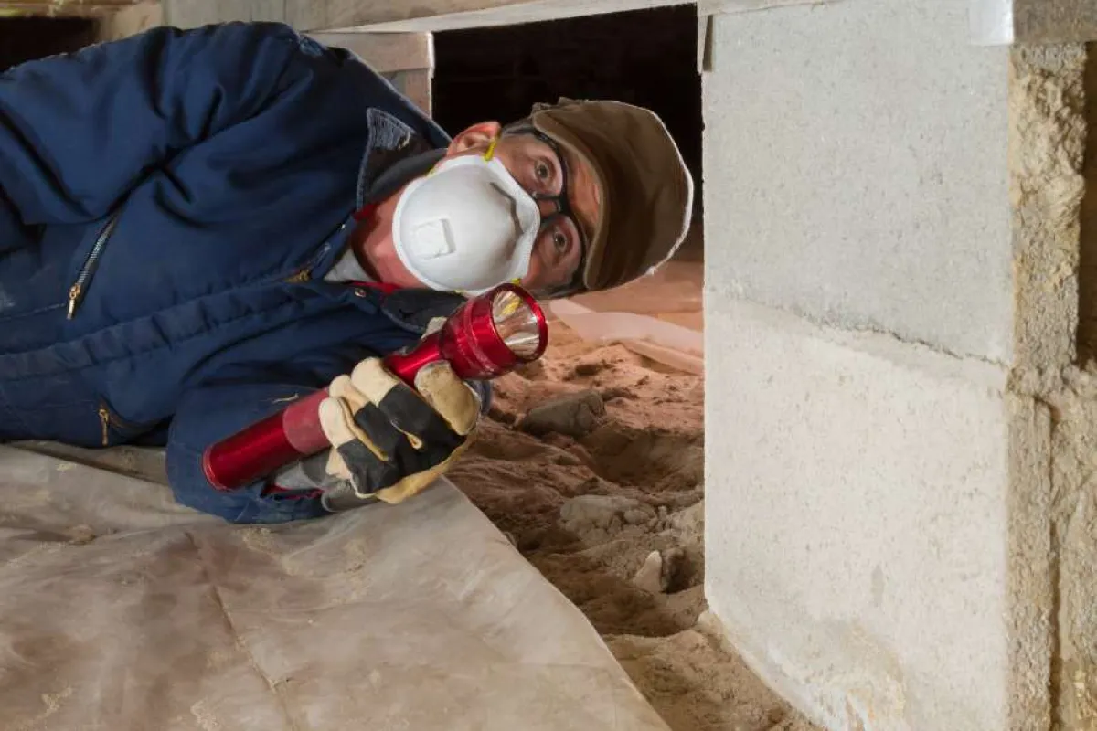 Worker wearing mask and gloves inspecting crawl space with red flashlight under a house.