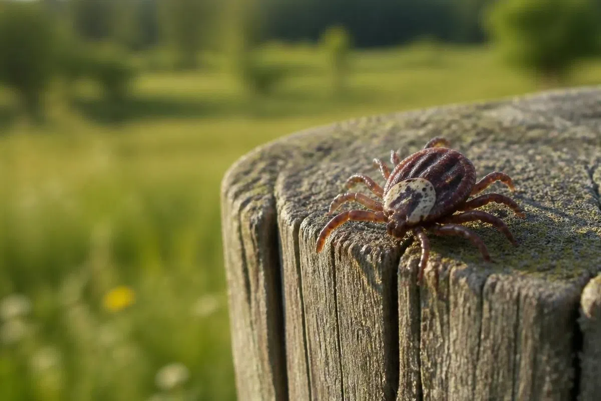 Close-up of a Lone Star Tick on a weathered wooden post with a blurred green field background on a sunny day