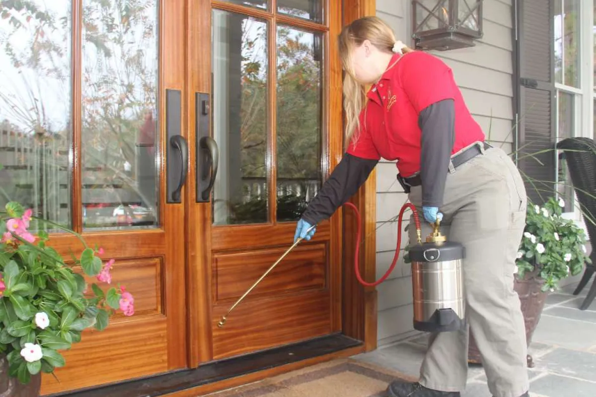 Pest control worker spraying insecticide at a wooden front door on a residential porch with plants nearby.
