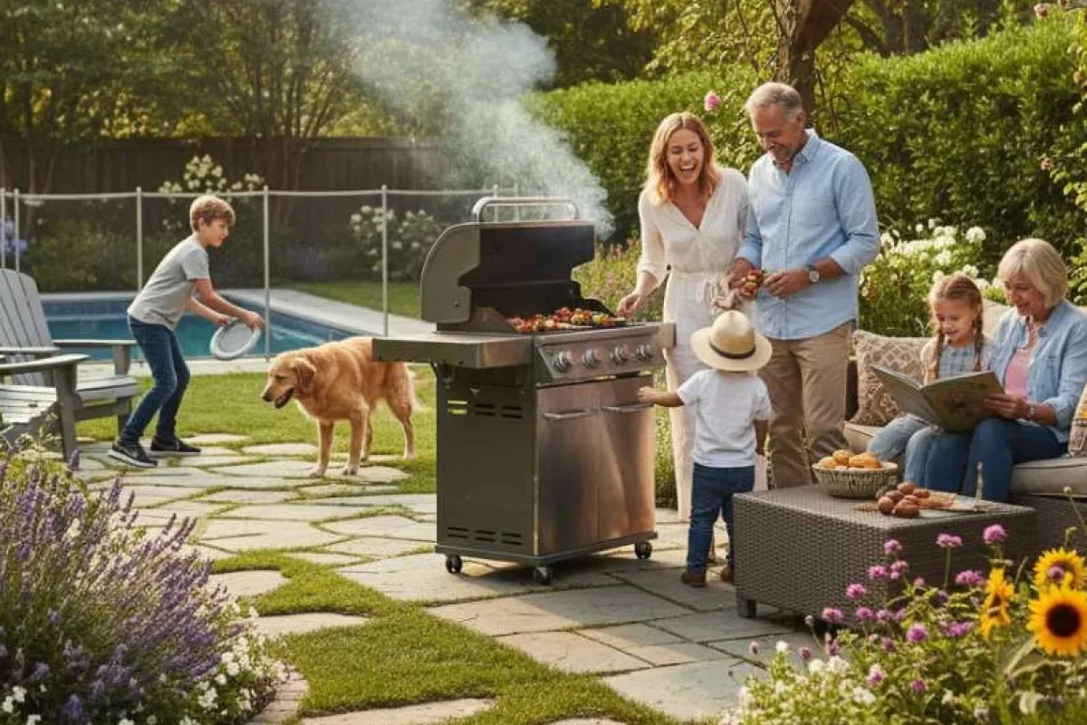 Family enjoying a sunny backyard barbecue with grill, garden, pool, and blooming flowers on a stone patio.