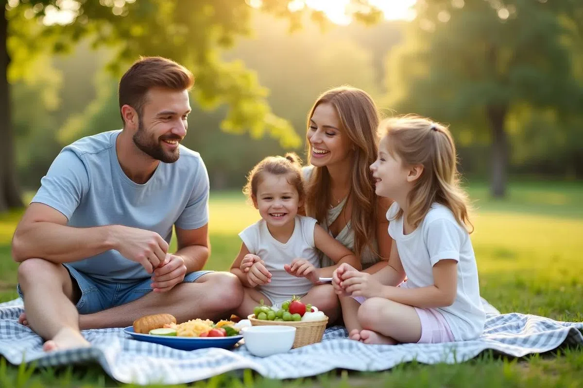 Happy family of four enjoying a picnic outdoors on a sunny day with fresh food and greenery around.